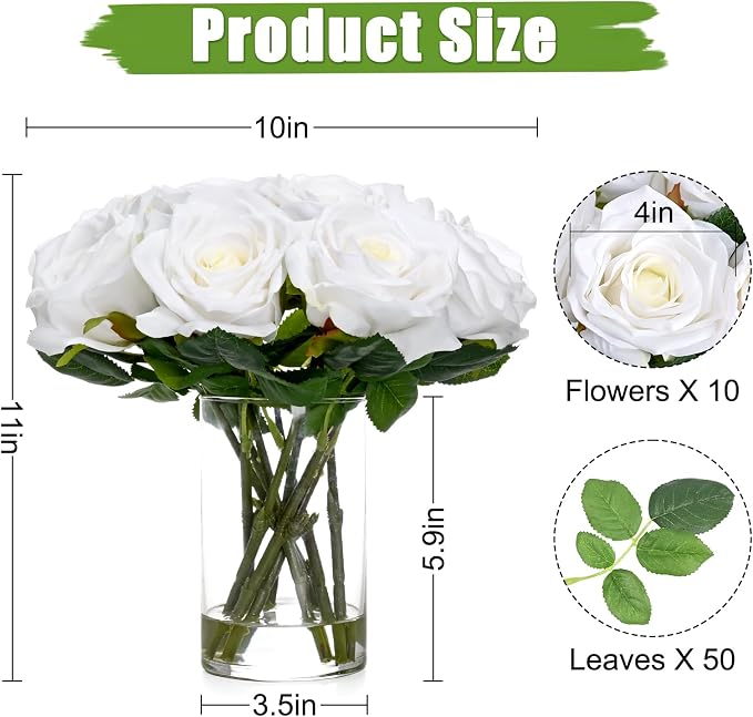 BLEUM CADE Luxury PU Fake Flowers in Vase with Faux Water, White Real Touch Roses Artificial Flowers with Glass Vase for Office Home Dining Room Centerpiece Table Decorations