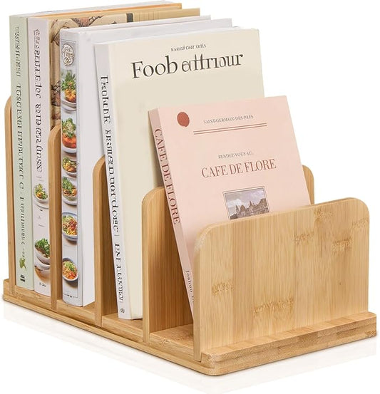 Cook Book Organizer,Bamboo Cookbook Stand for Kitchen Counter with 4-Slot,Sturdy Recipe Book Holder Stand for Convenient Cookbook Storage