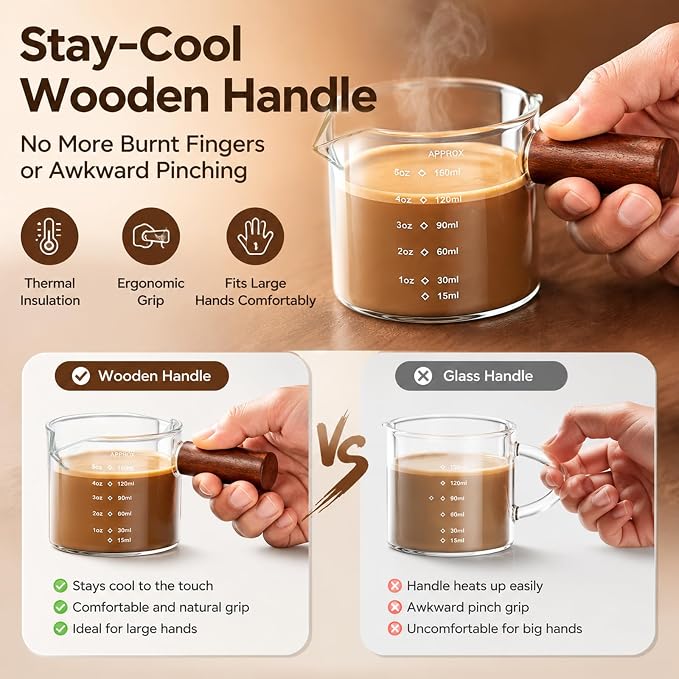 5oz Espresso Cups Set of 2, Double Spout Clear Borosilicate Glass with Anti-Scalding Wooden Handle, Heat Resistant Small Glass Mug for Double Shot Espresso, Latte, Cappuccino, Coffee Accessories