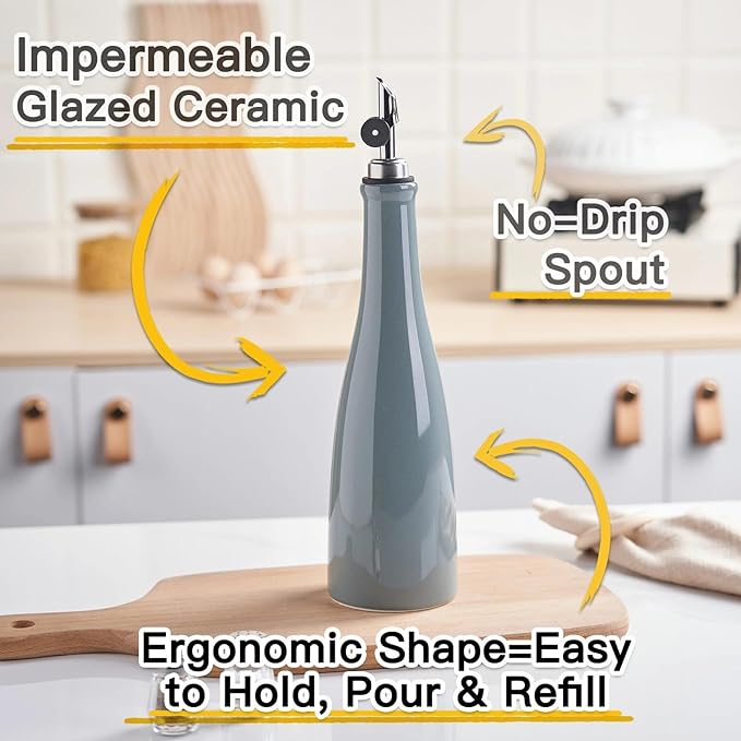 YOLIFE Olive Oil Dispenser Bottle, 16oz Ceramic Oil Dispenser for Kitchen, Oil Bottle with Gravity Spout, Leak Proof EVOO Dispensing Bottle with 2 Spouts and 1 Funnel for Vinegar, Juice(Gray)