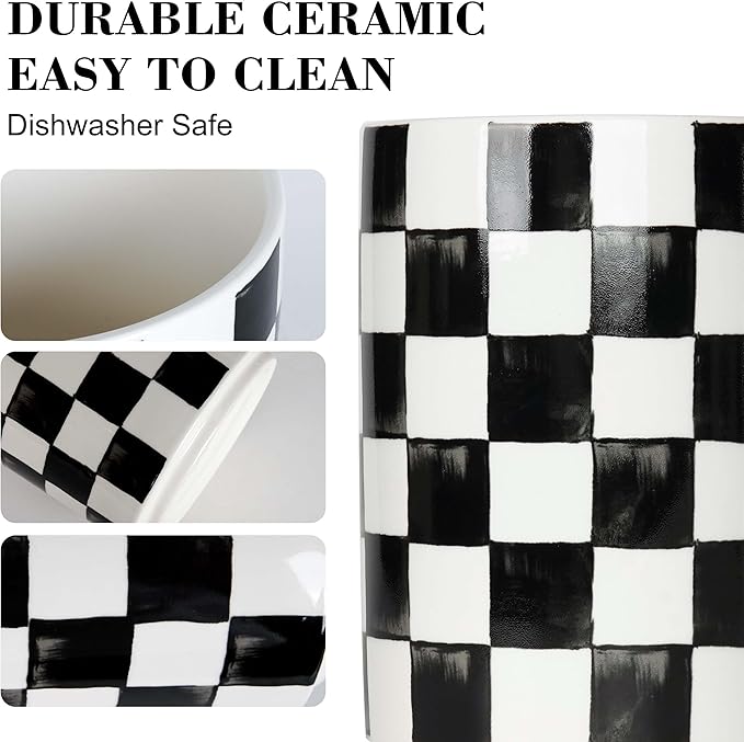 Utensil Holder, 7.2"+5.4" Checkered Ceramic Utensils Holder, Large and Small Utensil Crocks for Kitchen Counter, Spatula Holder, Farmhouse Kitchen Decor