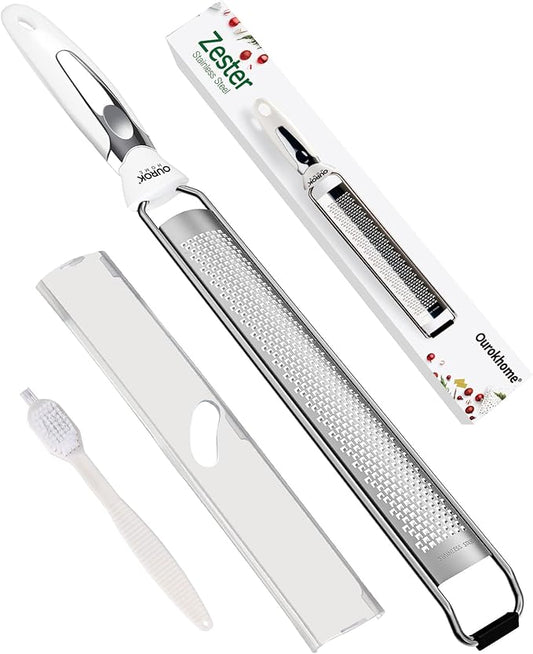 Ourokhome Kitchen Lemon Zester, Stainless Steel Hand Held Parmesan Cheese Grater for Ginger, Chocolate, Coconut, Lime, Nutmeg, Citrus, Fruit, Vegetable with Cleaning Brush, Dishwasher safe, White