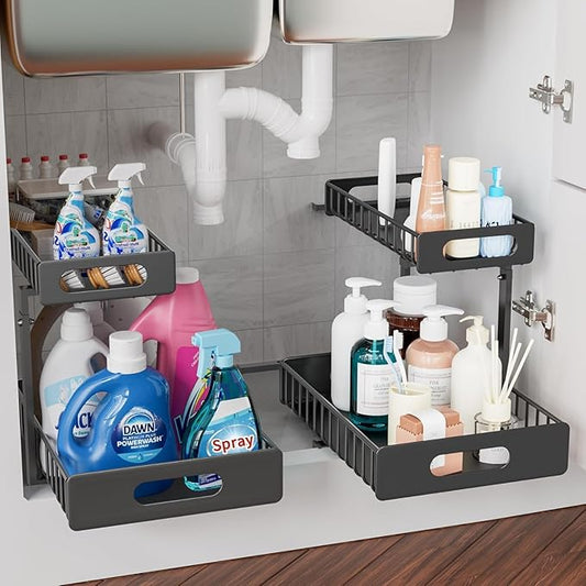 HBL' 2-Pack Large Metal Under Sink Organizer, 2-Tier Slide-Out Under the Kitchen Sink Organizer and Storage,Height Adjustable Under Sink Storage Shelves for Bathroom.