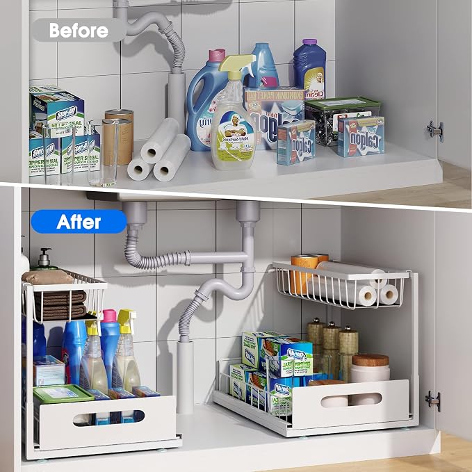 Under Sink Organizer, 2 Tier Pull-Out Cabinet Storage Shelf, Rust-Resistant Metal Organizer for Kitchen Bathroom Laundry Room, No Tools Installation, 1 Pack White