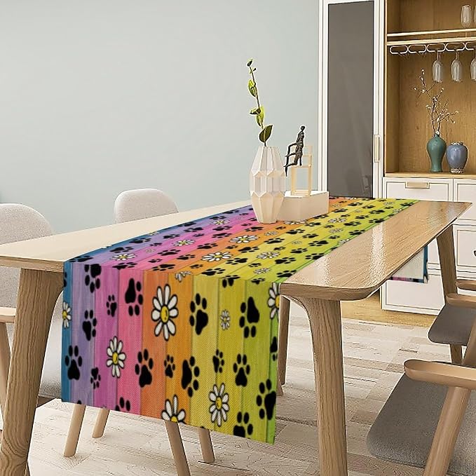 Paw Print Table Runner, Cartoon Vintage Rustic Colourful Wooden Board Flower Cute Dog Paw Prints Table Decor Table Top Dining Kitchen Wedding Party 13x70 in