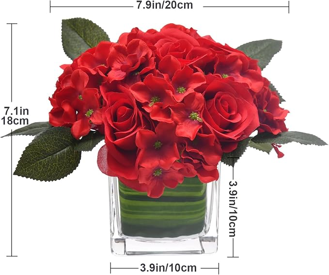 Fule Artificial Silk Rose Flower Centerpiece Arrangement in vase for Home Wedding Decoration (Red)