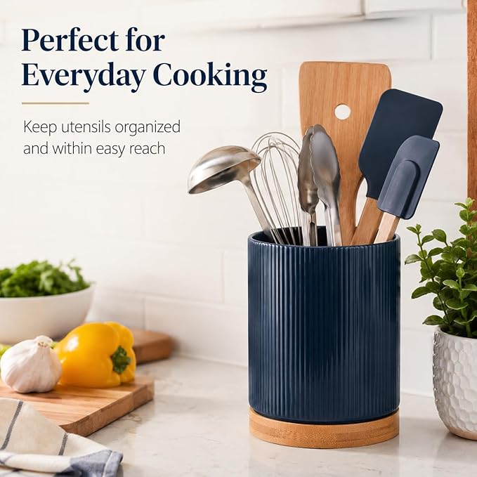 QUELIEN Utensil Holder, 360° Rotating Ceramic Kitchen Utensil Holder for Countertop, 7.7" Utensil Crock for Kitchen Counter with Rotatable Wooden Base,Ideal Housewarming Gift & Mothers Day Gift