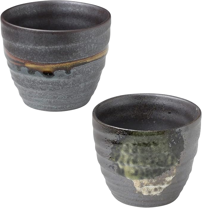 Asayu Japan Handpainted Glazed Ceramic Tea Cups Set of 2, 6.7oz (200ml), Made in Japan MIno Ware Pottery Glass for Hot and Cold Drinks - 2PCS Tea Cup Set, Metallic Dark Brown