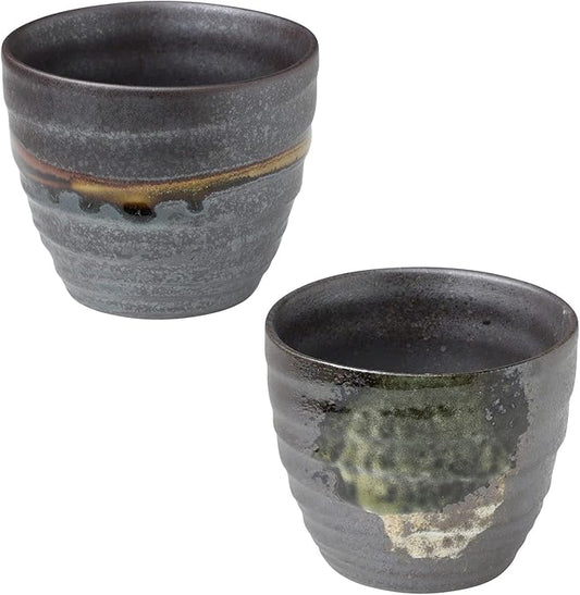 Asayu Japan Handpainted Glazed Ceramic Tea Cups Set of 2, 6.7oz (200ml), Made in Japan MIno Ware Pottery Glass for Hot and Cold Drinks - 2PCS Tea Cup Set, Metallic Dark Brown