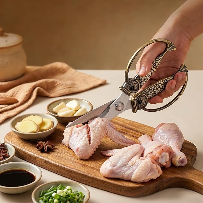WARMHEART Owl Kitchen Scissors All Purpose, Stainless Steel Heavy Duty Sharp Shears for Meat, Chicken, Fish, Poultry, Herb, Bread (Bronze, Medium)