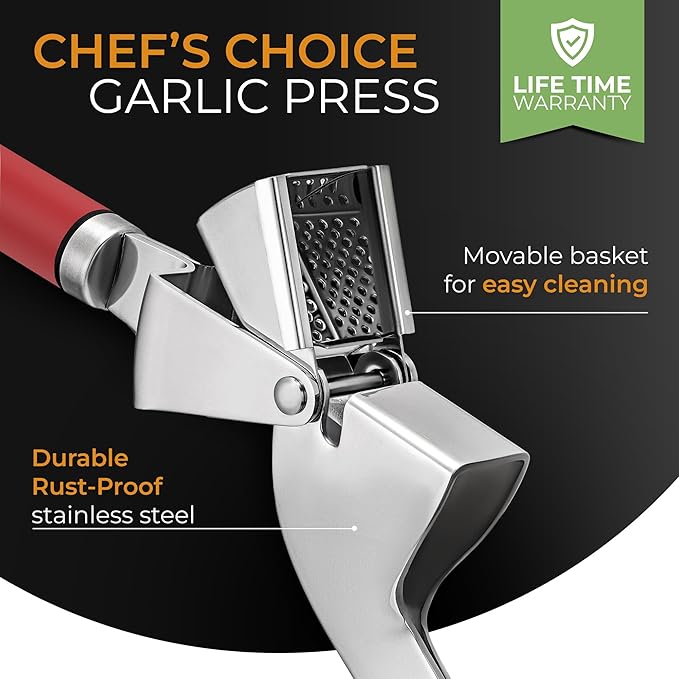 ORBLUE Garlic Press and Peeler Set, Stainless Steel - Professional Grade Mincer, Crusher - Dishwasher Safe & Rust-proof, Red