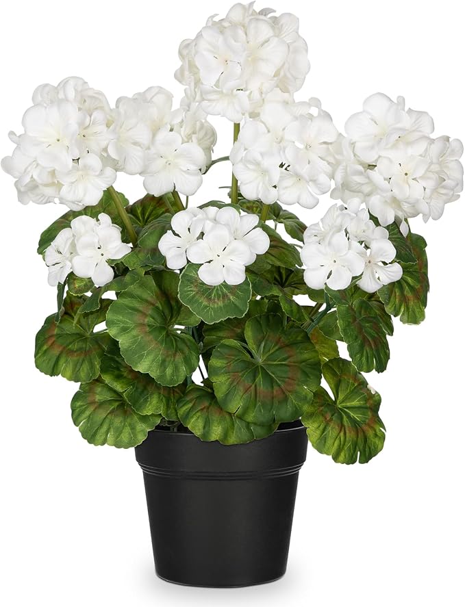 Briful Artificial Geranium Potted Plant – 16” Tall, Realistic Silk Flowers with Vibrant Green Leaves, White Geraniums Fake Flowers for Outdoors Home Décor, Wedding Farmhouse Office Tables Decor