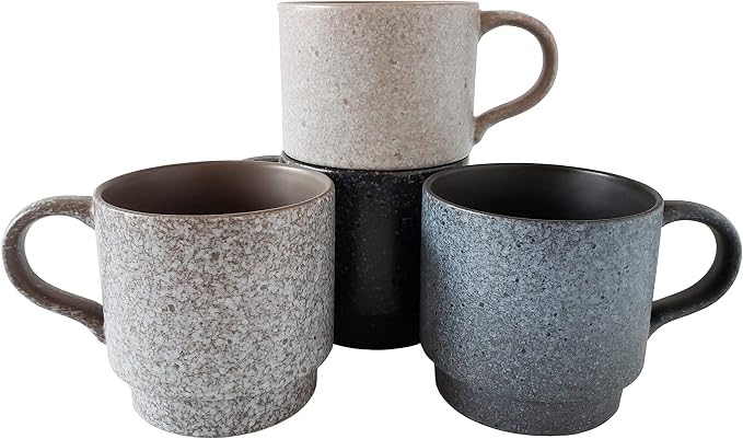14oz Classic Stackable Ceramic Coffee Mugs, Assorted Colors - Set of 4 Space Saving Durable Stacking Cups with Speckled Finish