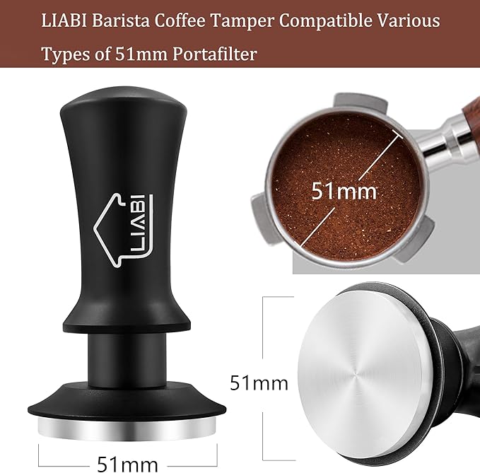 Coffee Tamper 51mm, Espresso Tamper with 2 Spring Loaded Tamper, Barista Coffee Tamper Tools with Aluminum Tamper Stand Holder, 100% Stainless Steel Flat Base Tamper for Espresso Machine(Black)