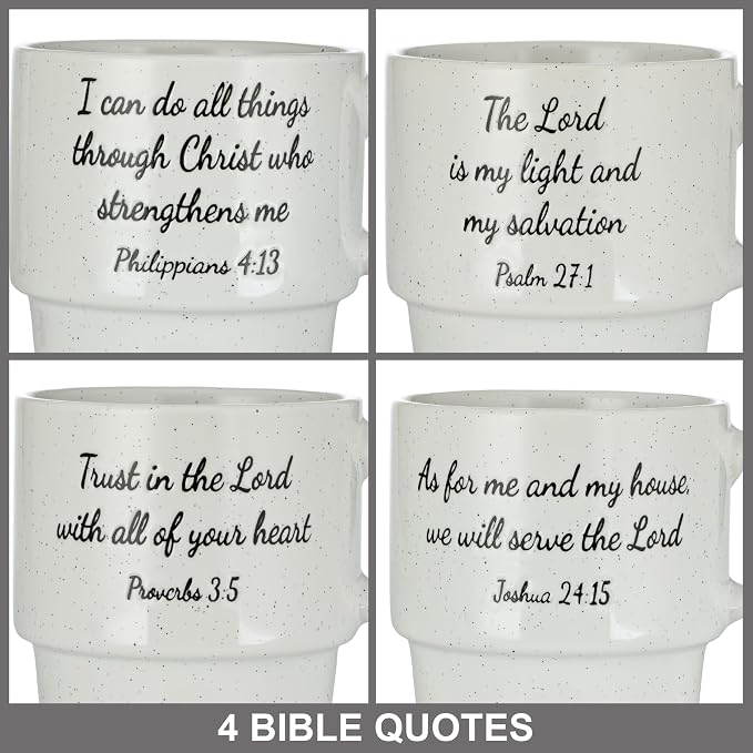 Signature Housewares Stackable Coffee Mug Tower Set with Metal Wire Rack - 15 Ounce Coffee Mugs for Coffee, Tea, Cocoa, Milk, Cappuccino, Hot Chocolate Set of 4 - Inspirational Bible Verses