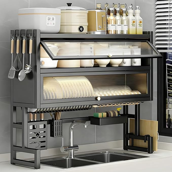 Over Sink Dish Drying Rack, Iron Over The Sink Dish Rack, Over Sink Rack, for Dishes, Glasses, Bowls, Cutlery Black 41.33in