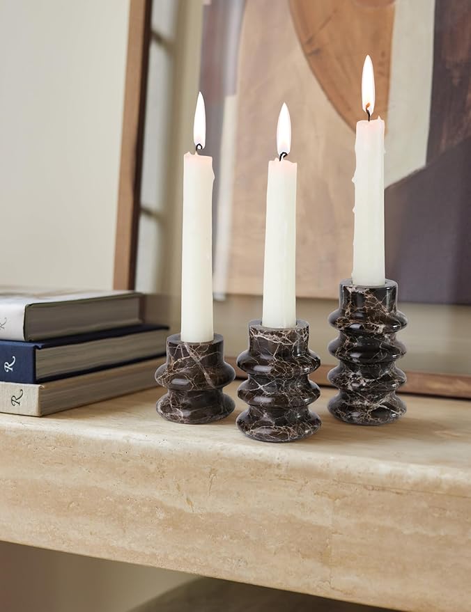 Vixdonos Marble Candle Holder Set of 3 Taper Candle Candlestick Mantle Candle Stand for Home Decor,Wedding,Party and Table Centerpieces(Brown)