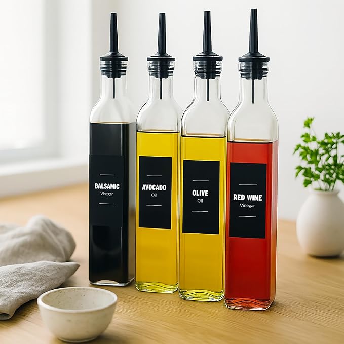 Olive Oil & Vinegar Dispenser Bottle Set with Stainless Steel Pourer, Funnel & Labels - Glass Kitchen Oil Cruet - Dispenser Bottle for Coffee Syrup, Soy Sauce, Cooking Sauces & More - 500ml - Set of 4