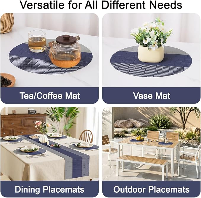 Round Placemats Set of 6, 15 Inch Woven Vinyl Heat Resistant Place Mats, Washable Non Slip PVC Table Mats for Kitchen Dining Party Outdoor Table Decor (Blue Gray, 6)