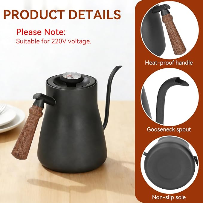 Pour over Coffee Kettle with Thermometer, 850ml Goose Neck Kettle Pot Induction Kettle Stovetop Stainless Steel Gooseneck Kettle with Wood Handle