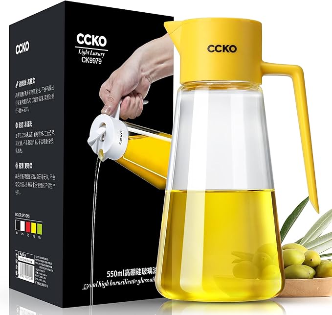 CCKO Olive Oil Dispenser Bottle 19oz Glass Oil Bottle for Kitchen Cooking,Auto Flip Drip Free Cooking Oil Dispenser,Suitable for Soy Sauce,Syrup,Vinegar,Salad Dressing Container (Yellow)