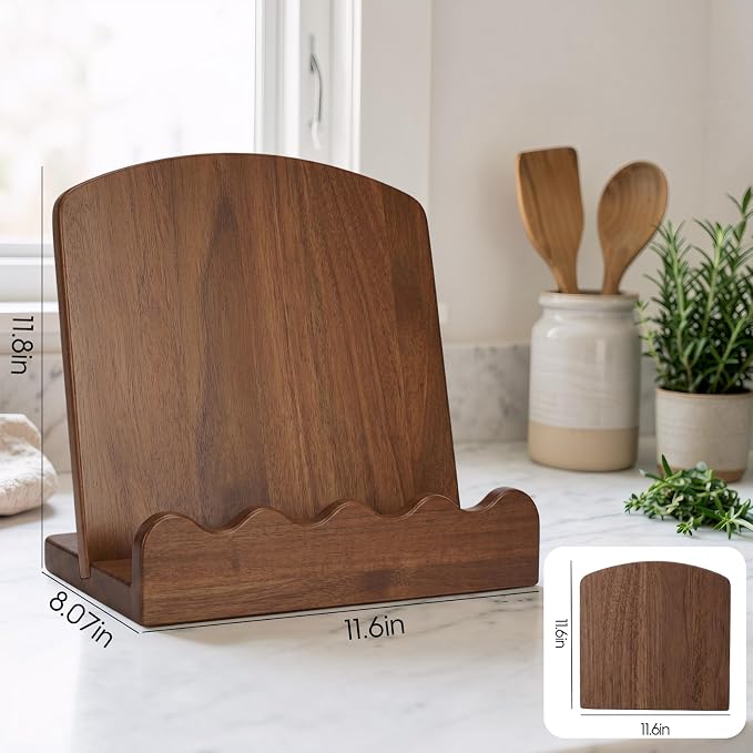 Scalloped Wooden Cookbook Stand for Kitchen Counter,2 in 1 Recipe Book Holder,Charcuterie Board & Kitchen Serving Tray,Durable Cook Book Holder Stand Easily Keeps Cook or Recipe Books Open