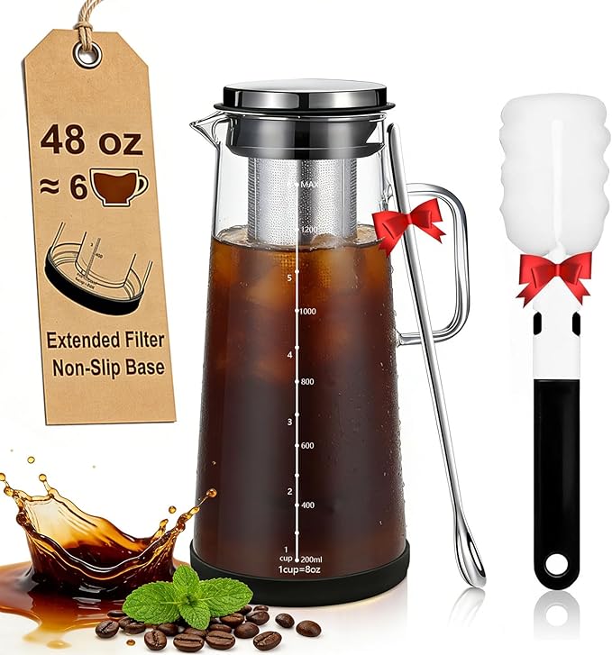 Cold Brew Coffee Maker 1.4L/48oz with Handle, Extended Stainless Steel Filter for Deep Extraction, Iced Tea Pitcher with Non-Slip Base Includes Cleaning Brush & Long Stirring Spoon