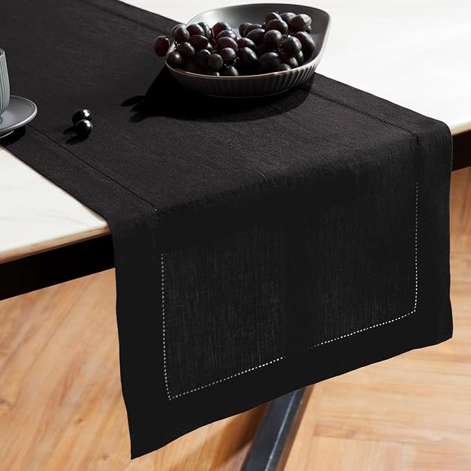 Solino Home 100% Pure Linen Black Table Runner 36 Inches - 14 x 36 Inch for Coffee Tables, Sideboard, Foyer, Living Room - Sonoma Hemstitch