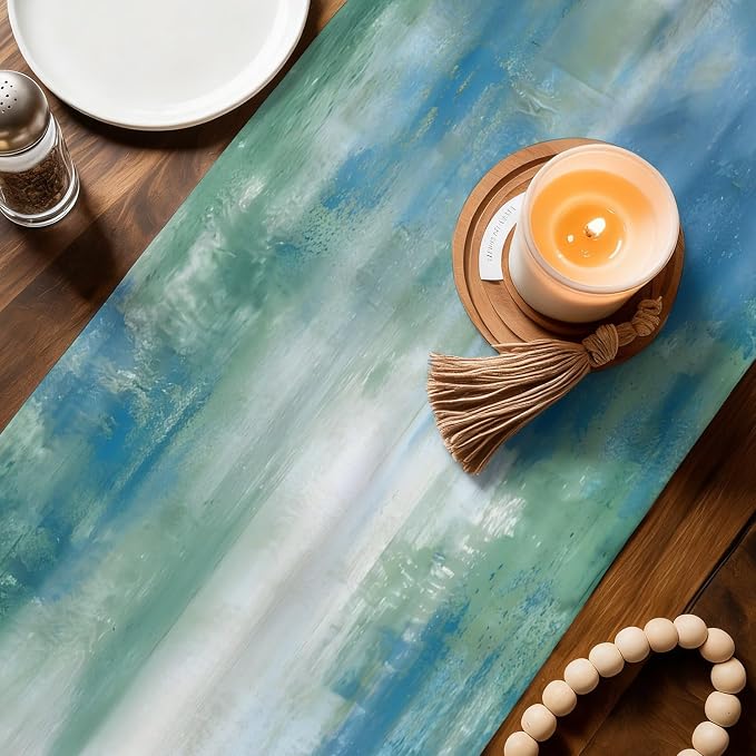 Blue Green Table Runners 60 Inches Long, Cotton Linen Fabric Table Runner Dresser Scarf, Modern Abstract Minimalist Texture Watercolor Tablerunner for Party/Kitchen/Dinner/Wedding Decor 13"x60"