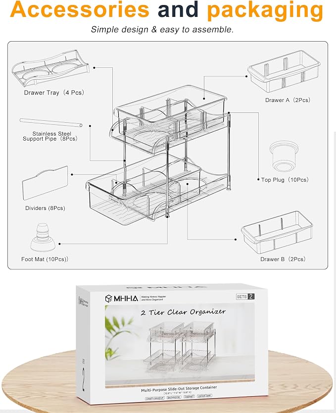Sevenblue Under Sink Organizer, Bathroom Organizers and Storage, 2 Tier Multi-Use Pull Out Cabinet Organizer with Hang Hooks and Cups (transparent, 2 Pack)
