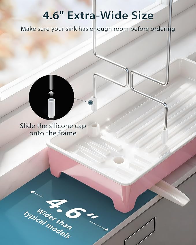 Minimalist Sink Caddy, Rustproof Sponge Holder for Kitchen Sink with 304 Stainless-Steel Brush Holder, Countertop Rack Organizer with Raised Ridges & Silicone Drain Tube (Blush Pink, Large)
