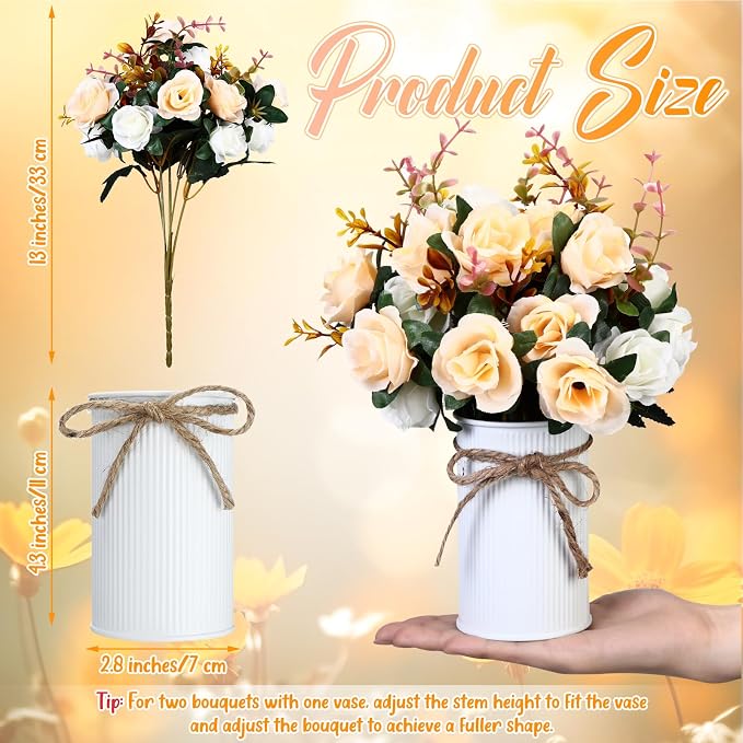 Domensi 6 Sets Wedding Centerpiece for Table Artificial Rose with Vase Fake Bouquets and Metal Pot Flower Arrangements for Bridal Shower Birthday Party Event Table Decor (Champagne)