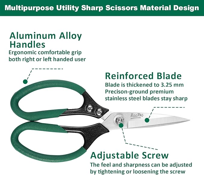 Heavy Duty Scissors All Purpose, 8.5 inch Stainless Steel Utility Sharp Shears, Aluminum Alloy Handle for Cutting Cardboard,Carpet,Fabric,Leather,Rope,Rubber,Plastic and Kitchen or Workshop Use