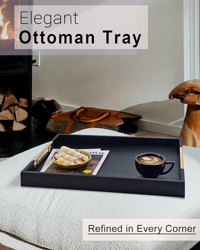 22 inches Black Wooden Ottoman Serving Tray with Golden Metal Handles | Large Rectangular Decorative Wood Tray for Living Room Kitchen Coffee Table Couch Bed
