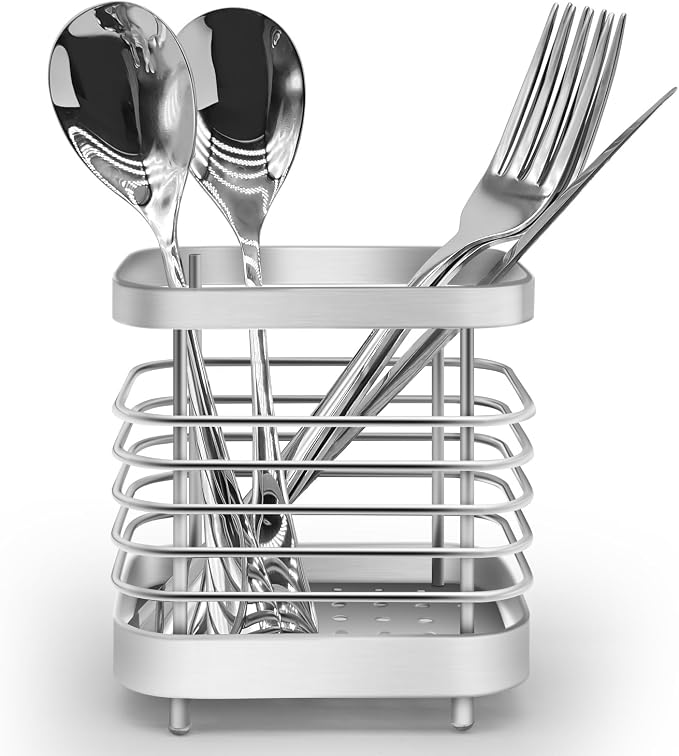 Cutlery Drainer, Stainless Steel Utensil Holder Sink Caddy, Rust Proof Sink Tidy Kitchen Sink Organiser, Cutlery Holder for Kitchen Counter (Silver)