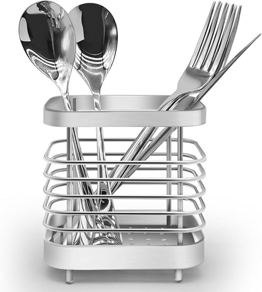 Cutlery Drainer, Stainless Steel Utensil Holder Sink Caddy, Rust Proof Sink Tidy Kitchen Sink Organiser, Cutlery Holder for Kitchen Counter (Silver)