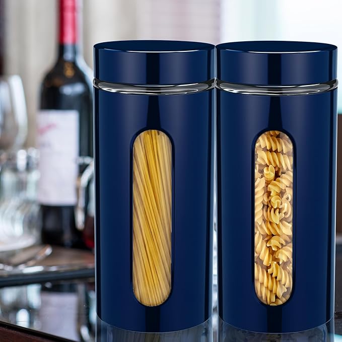 Mimorou 6 Pack Kitchen Canisters Set Airtight Coffee Sugar Tea Storage Jars with Window Glass Stainless Steel Containers with Lids for Flour Cookies Spices Grains Kitchen Decorations(Navy Blue,44 oz)