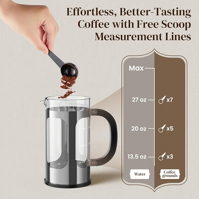 Veken French Press Coffee Maker,No Plastic Touching Cafe,34oz 1L Cafetera,Heat Resistant Thickened Borosilicate Glass Stainless Steel Brewer,Pot for Kitchen,Travel,Camping,Tea,Gifts,Silver (Pack of 2)