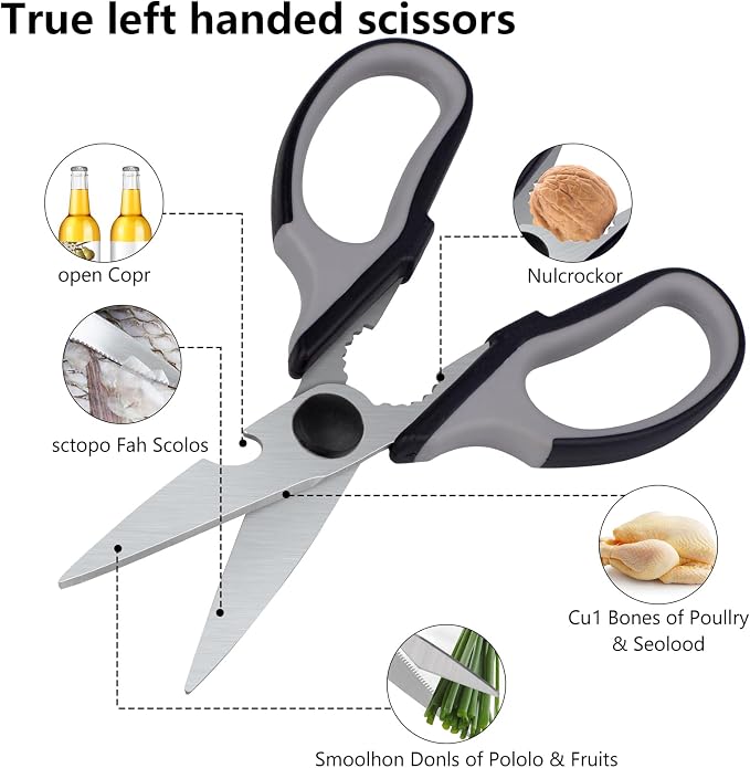 Left Handed Scissors Kitchen Shears, All Purpose Left Hand Heavy Duty Meat Scissors Poultry Shears, Lefty Tools Utensils, 2-Pack (Black/Red, Black/Gray)