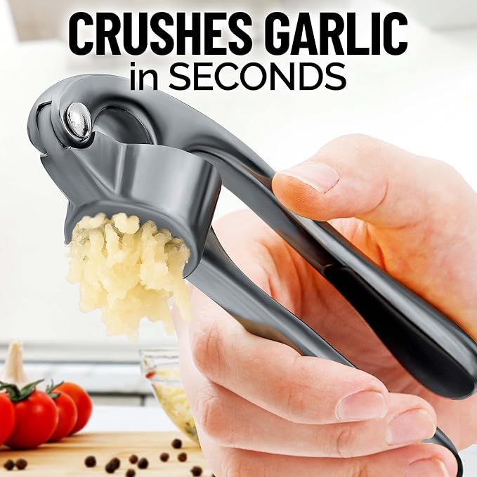 Zulay Kitchen Premium Garlic Press Set - Rust Proof Professional Garlic Mincer Tool - Easy-Squeeze, Easy-Clean with Soft, Ergonomic Handle - Silicone Garlic Peeler & Brush (Slate)