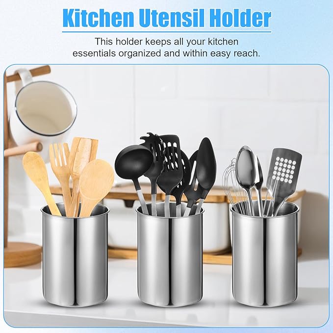 3 Pcs Cooking Utensil Holder for Kitchen Counter, 5.6 x 7.5 inch Metal Utensil Crock Stainless Steel Utensils Holder Container Canister Spatula Spoon Caddy Organizer (Silver)