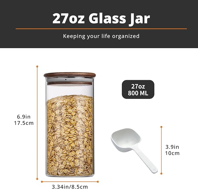 Vandroop 27oz Glass Storage Jars with Airtight Walnut Lid, Clear Glass Containers for Tea, Sugar, Candy, Cookie, Coffee Bean 800ml