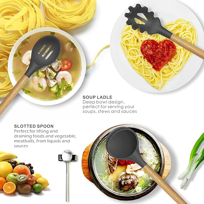 33PCS Silicone Kitchen Utensil Set, Heat Resistant Nonstick Cooking Utensils with Wooden Handles, BPA-Free Kitchen Tools Set (Black)