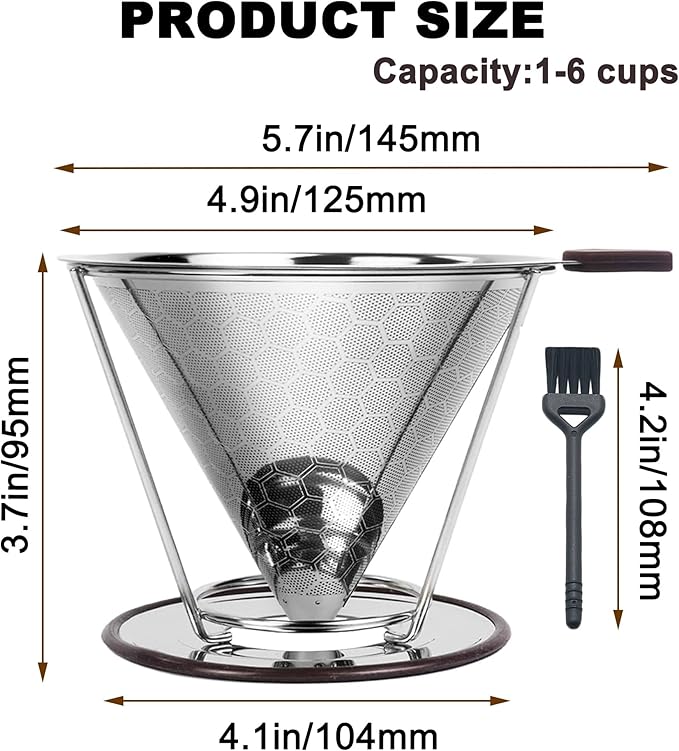 Pour Over Coffee Dripper - 304 Stainless Steel Filter, Paperless & Reusable Dual-Layer Metal with Base, 800 Mesh Steel Cone Filter, for 1-6 Cups Brew Coffee Maker (Brown)
