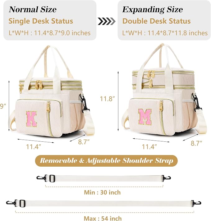 Personalized Initial Lunch Box for Women, Double-deck Expandable Large Insulated Cooler Lunch Bag with Shoulder Strap, Adult Lunch Box, Gifts for Women, Wife, Mom & Friends for Work, Picnic, Beach