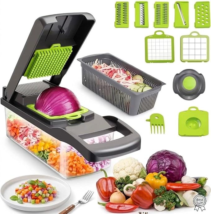 16-in-1 Vegetable Cutter Slicer – Multifunctional Vegetable Chopper with Stainless Steel Blades, Manual Onion Cutter, Food Slicer & Dicer for Kitchen, Salad Maker.