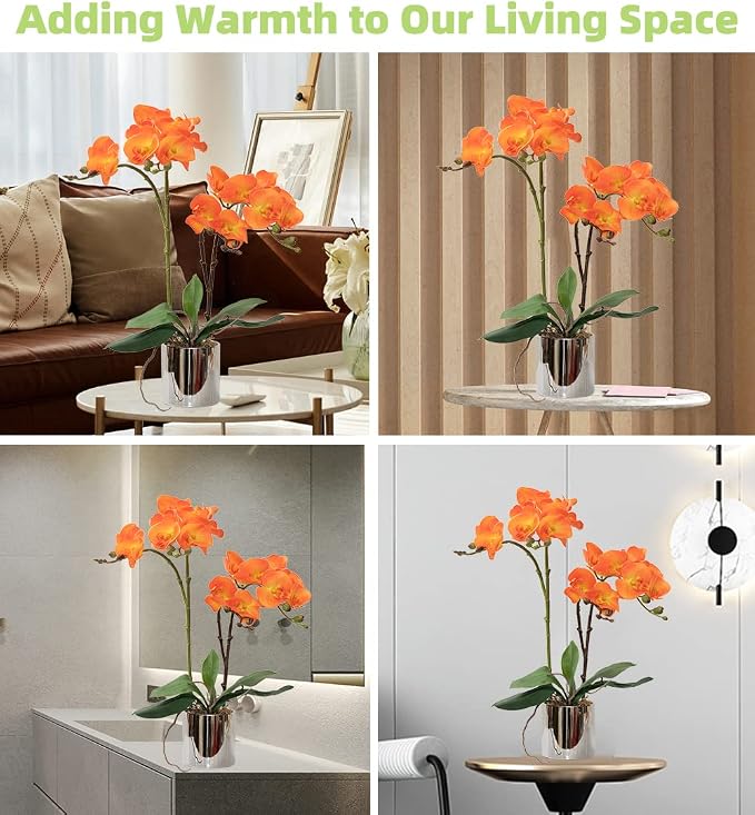 CXGS Artificial Orchid Flower Plant Real Touch Faux Orchids in Ceramic Vase Orange 19.7'' Fake Phalaenopsis Flower Arrangement Centerpiece Home Indoor Decor