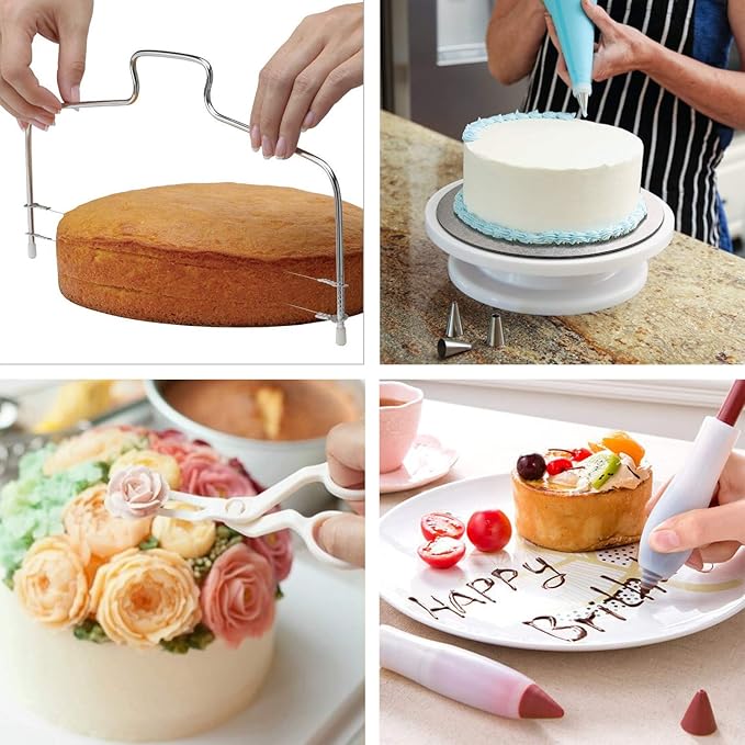 Cake Decorating kit - Cake Turntable and 10 inch Cake Board,2 Icing Spatula 3 Cake Scrapers,Cake Brush,Cake Flower Lifter,Cake Pen,3 Pastry Bags 24 Stainless Icing Tip 6 Piping Tip Couplers