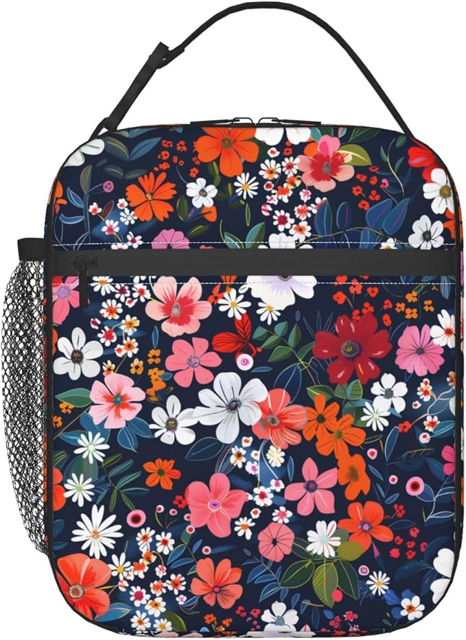 Reusable Floral Lunch Box for Kids Girls Boys Women Adult, Insulated Cute Flower Lunch Bag,Polyester Cooler Handbags Case for School Picnic Work Travel Beach or Hiking (Navy Blue)