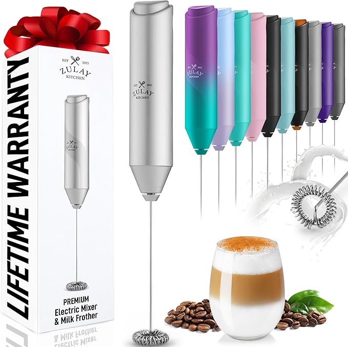 Zulay Kitchen Powerful Milk Frother Wand - Handheld Stainless Steel - Battery Operated Drink Mixer for Coffee, Lattes, Cappuccino, Matcha - Froth Mate Frother Gift - Clear Silver